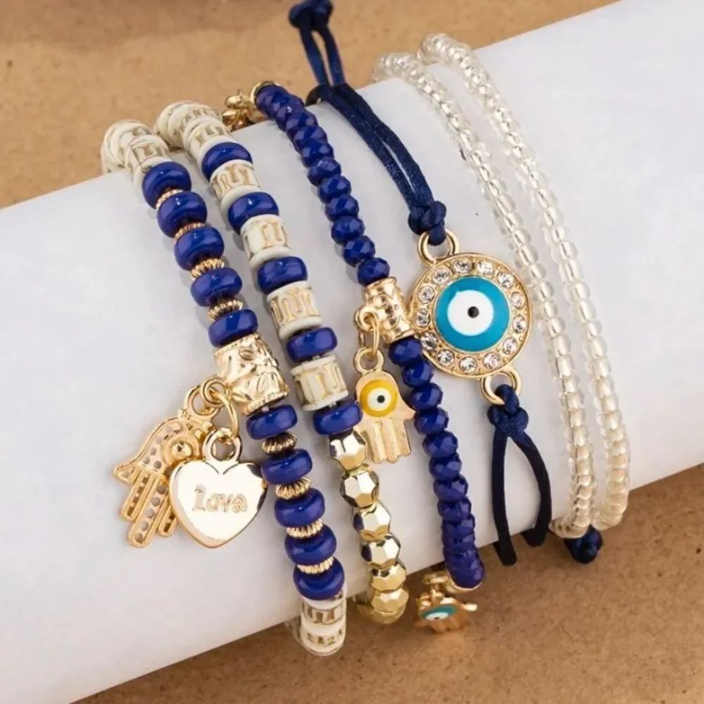 3for$20 6pcs/set Eye Detail Hamsa Hand & Heart Charm Beaded Bracelet